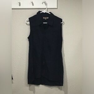 FLAX Women’s 100% Linen Sleeveless Button Tunic Top Navy Coastal Travel Small